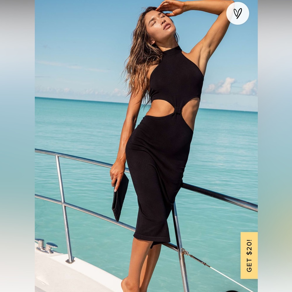 Lulu’s “loving it” black knit cut out halter midi dress